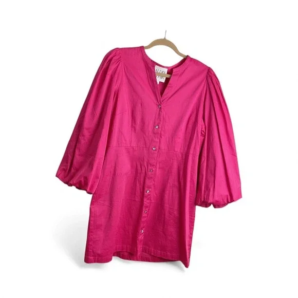 ALDEN ADAIR Hot Pink Button Front Puff Sleeve Mini Dress Size L - Picture 5 of 13